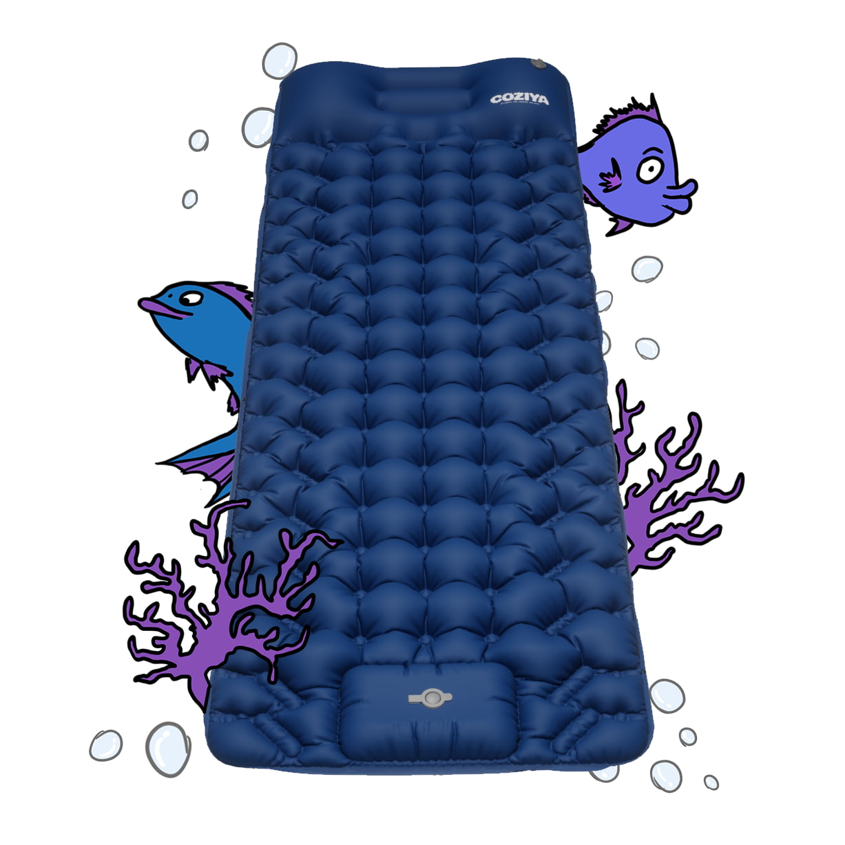 Matelas gonflable 1 personne bleu marine qui est léger, résistant, confortable avec pompe intégrée pour camping, bivouac et plage.