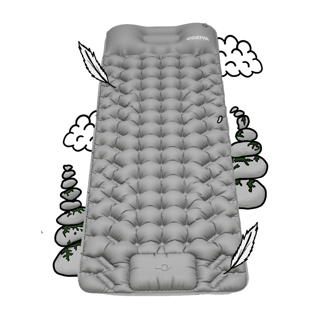 Matelas gonflable 1 personne gris qui est léger, résistant, confortable avec pompe intégrée pour camping, bivouac et plage.