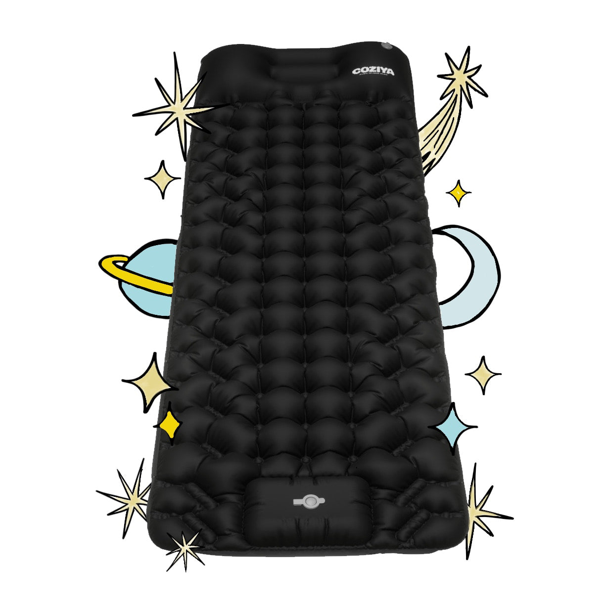 Matelas gonflable 1 personne noir qui est léger, résistant, confortable avec pompe intégrée pour camping, bivouac et plage.