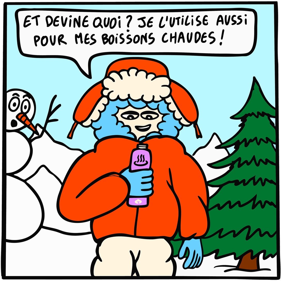 Mascotte Cozyboy Coziya® avec la gourde Hook650™ - tu utilises la thermos avec une boisson chaude