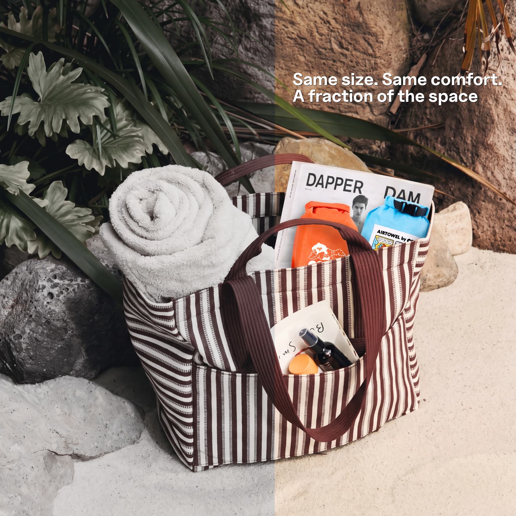 Size comparison between a bulky regular towel and two compact microfiber Air Towel by Coziya in a beach bag