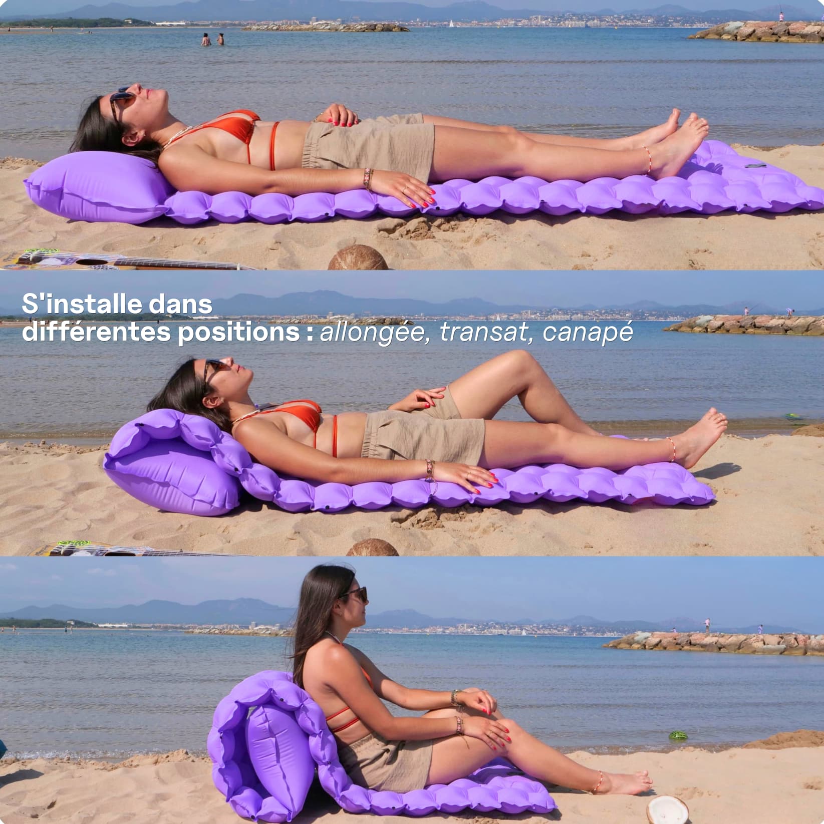 Le matelas gonflable coziya qui s'ajuste dans différentes positions allongé transats ou canapé. Un confort qui s'ajuste partout même à la plage