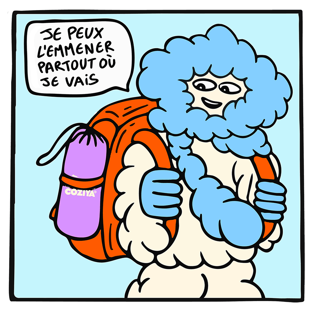 Mascotte cozyboy de la marque coziya qui utilise le matelas gonflable de camping coziya