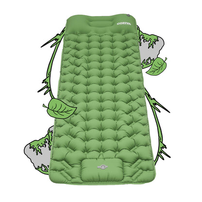 Matelas gonflable 1 personne vert militaire qui est léger, résistant, confortable avec pompe intégrée pour camping, bivouac et plage.