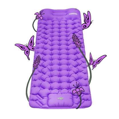 Matelas gonflable 1 personne violet qui est léger, résistant, confortable avec pompe intégrée pour camping, bivouac et plage.